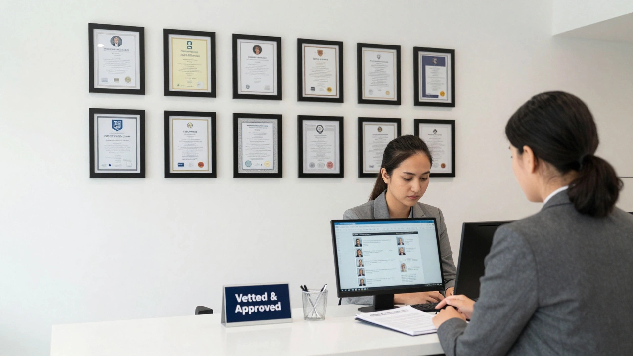 A professional agency office in Dubai displays certifications and secure client profiles on a monitor.