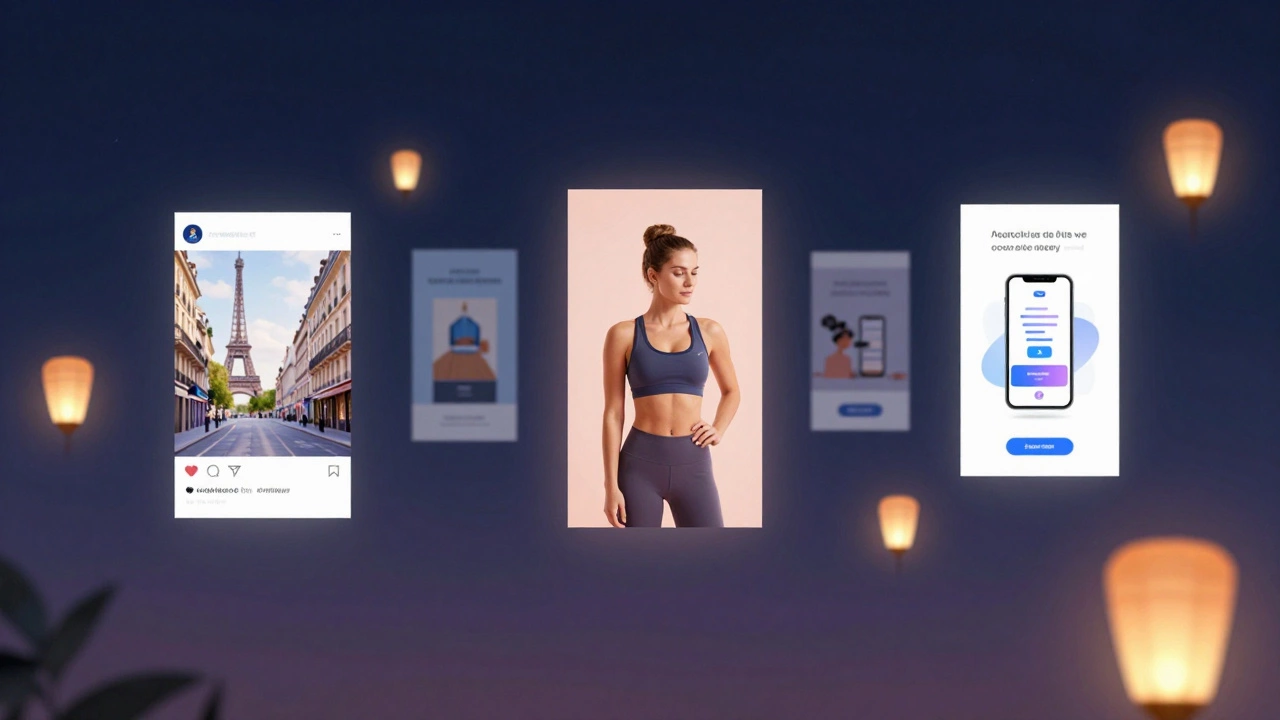 Floating side banners along a digital webpage, each glowing softly with different contextually relevant ads.